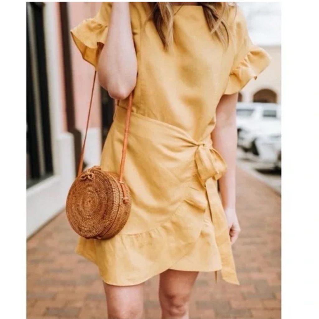 Astr Yellow Gold Ruffle Linen Dress Size Small
